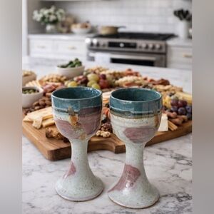 Earthy Studio Pottery Goblets Set 2 Artisan Ceramic Chalices Wedding Wine Cups